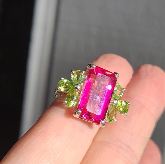 Pink Topaz massive 8k emerald cut with pear shape Peridot sterling ring sz 8 - Picture 11 of 17